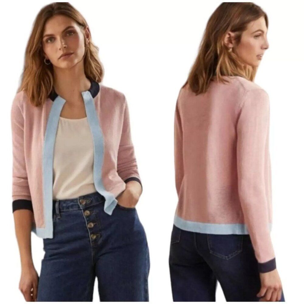 BODEN Milkshake Colourblock Cardigan Sz 6 NWT Pink Linen Open Front Sweater